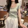 2024 Verano Nuevo Coreano Tejido Camiseta Base Estilo Camisa de Cuello Cuadrado Manga Corta Camiseta Hombro Pequeño Top Combinable para Mujer