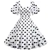 C Comercio Exterior Ropa para Mujer Estilo Occidental Retro Nueva Llegada Estilo Viaje Vestido para Reunión Anual Dobladillo Ondulado Manga Corta Lunares Longitud Midi Falda de Gran Oscilación