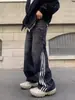 Pantalones de Mezclilla Rayados Negros para Hombre Primavera y Otoño Estilo Retro Americano Pantalones de Tres Rayas High Street Caída Sueltos Rectos