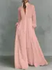 Vestido Camisa Longo de Textura Francesa Europeu e Americano Transfronteiriço Gola Alta Mangas Bufantes Cintura Marcada Bainha Larga Saia Longa até o Chão com Bolsos