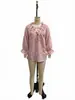 Blusa suelta jacquard texturizada blanca de tiras cruzadas con cuello en V y volantes, manga abullonada de tres cuartos, para mujer, 2026