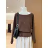 Tiro real~ Suéter de punto liso color sólido estilo coreano con cuello en U y manga larga para mujer, estilo casual y relajado, otoño 25265