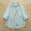 Camisa Branca de Gaze de Algodão Dupla Camada com Bordado Pesado de Flor de Pessegueiro e Folhas, Estilo Artístico e Fresco para Verão de 2026, com Mangas Três Quartos, para Estudantes
