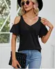 Roupas Femininas Transfronteiriças Europeias e Americanas 2025 Amazon Verão Novo Ombro a Ombro Estampado Decote V Manga Curta Solto Top Camiseta