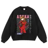Sudadera con capucha negra lavada desgastada con estampado de anime, estilo retro americano, corte holgado, sudadera de marca moderna para otoño e invierno