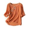 Verano Nuevo Estilo Étnico Solapa Inclinada Hebilla Bordado Manga Corta Algodón y Lino Camisa para Mujer Estilo Chino Retro Camisa Top Cárdigan