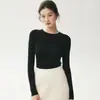 Top de punto elástico, sin costuras, cuello redondo, hilado fino, 100% lana, lavable a máquina, capa base de lana merino extrafina de 18 puntos para mujer