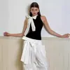 Macacão Sexy Feminino de Verão Europeu e Americano, Cor Contrastante, Sem Mangas, Gola Alta Curta, Pulôver com Laço, Atacado Transfronteiriço
