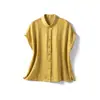 Camisa de lino puro de manga corta para mujer, nueva camisa fina azul marino casual de verano con cuello mandarín, blusa de verano, cárdigan, camisa pequeña