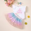 Atuendo para el primer cumpleaños de niña: enterizo de manga abullonada, vestido de lentejuelas arcoíris, diadema de lazo, conjunto de tres piezas, vestido de primer cumpleaños