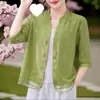 Camisa casual retro fina de verano holgada para mujer, top de algodón y lino de manga media, chaqueta delgada protectora del sol que estiliza