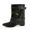 Botines invisibles de piel auténtica de 7 cm para mujer con hebilla de cinturón, punta fina, remaches, estilo western, botas plisadas apiladas