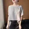 Tecido acetinado com acabamento brilhante, gola redonda, simples e elegante, mangas morcego, casual e descontraído, estilo primavera-verão, blusa casual para mulheres