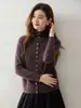 Estética elegante! Cardigã feminino de cashmere com gola livre, design de botões cruzados, suéter de tricô de manga longa, peça de outer wear macia e leve
