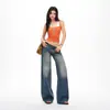 Laranja Infantil # Jeans Flare Largo de Cintura Baixa Lavado Tendência para Mulheres, Caimento Solto, Emagrecedor, Estiloso, Versátil, Calça de Comprimento Total.