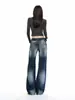 YECHUAN # Jeans lavados con patrón de ráfaga de rayo vintage para mujer, diseño de hebilla de París de otoño, pantalones rectos holgados