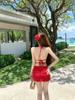 Bikini de Tres Piezas Estilo Coreano y Japonés, Puro y Atractivo, Dulce y Sexy Rojo, Traje de Baño para Mujer para Vacaciones en la Playa y Aguas Termales, Popular en Internet