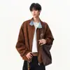 Chaqueta de solapa de retazos a cuadros de gamuza estilo americano para hombres y mujeres, chaqueta de béisbol holgada vintage de otoño, abrigo casual para parejas