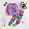 Conjunto Casual de Primavera e Outono para Meninas, Manga Longa com Estampa de Coração e Leopardo + Calça Longa de Corte Justo com Estampa de Leopardo Arco-Íris, Conjunto de Duas Peças