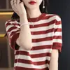 Camiseta de Manga Corta a Rayas Bloque de Color para Mujer, Nueva Camiseta Básica de Punto Modal Elegante Cuello Redondo, Talla Única