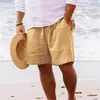 2026 Shorts Cruzados de Algodão e Linho com Cordão na Cintura Elástica, Cor Sólida, Respiráveis, Shorts Casuais de Cinco Pontos para Praia, Uso Diário, Calças Esportivas