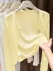 Cardigã de proteção solar feminino, jaqueta de tricô fina, xale amarelo, blusa de verão para combinar com um vestido de alça fina, saída de praia curta