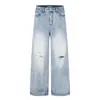 Jeans Rectos Rasgados Lavados Azul Hielo Retro Americano 11Kn para Hombres y Mujeres con Textura de Bambú Cortada Pantalones Casuales de Calle