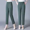 Calça da Mamãe, Calça Fina de Verão, Calça para Mulheres de Meia-Idade e Idosas, Elástica de Cintura Alta, Perna Reta, Solta, Calça de Vovó de Nove Pontos