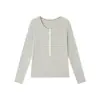 Camiseta Básica Henley de Lana de Oveja y Lyocell Tencel para Mujer, Manga Larga Otoño e Invierno con Botones de Nácar y Rayas de Acetato