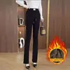 Calça boca de sino fashion espessa com forro de fleece, cintura alta, versátil, modelagem justa, cordão, com bolsos, calça longa casual, atacado transfronteiriço