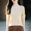 Novedad Otoño/Invierno 2026: Top de Punto con Cuello en V Mezcla de Lana de Yak, Camiseta Base de Color Sólido