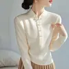 Novo Suéter Base Branco Estilo Chinês Estilo Nacional Gola Meia-Alta para Mulheres, Top de Malha Canelada Outono e Inverno 2025