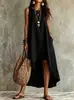 Vestido de marca independiente, estilo vacacional de verano transfronterizo europeo y americano, vestido sin mangas de color liso, corte holgado, cuello redondo, vestido largo asimétrico