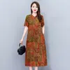 Elegante vestido de algodão e seda, estilo lady, para mães, novo vestido de verão de alta qualidade, acima do joelho, fino vestido floral para mulheres de meia-idade e idosas