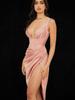 Ropa de Otoño e Invierno para Mujer Estilo Europeo y Americano Amazon Sexy Escote en V Satín Hueso de Pez Plisado Abertura Tirantes Vestido Midi Cintura Alta
