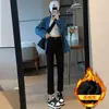 Jeans preto cropped reto para mulheres 2023 novo primavera e outono cintura alta solto afina silhueta calça reta com forro de fleece pequeno