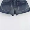 Shorts de tiro bajo versátiles y de gran venta marca Z con remaches, estilo europeo y americano para mujer, mezclilla, poliéster spandex azul oscuro ZA