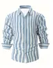 Camisa Casual Masculina Listrada Solta de Manga Longa para Primavera/Outono
