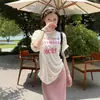 Camiseta Blanca de Manga Corta con Estampado de Letras para Mujer Algodón Puro Casual Holgada Adelgazante Manga Corta Camiseta de Mujer Sensación Perezosa Relajada Verano