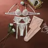 Transfronterizo europeo y americano 2026 estilo francés con decoración de piedras preciosas transparente de lujo ligero bordado shapewear lencería sexy conjunto de cuatro piezas