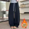 Calça de Lã Grossa com Cintura Elástica Color Block Estilo Europeu e Coreano para Mulheres, Nova Calça Casual de Lã Forrada para o Inverno, Estilo Preguiçoso, Emagrecimento