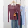 Camiseta Básica de Punto Morada Puramente Sexy de Manga Larga para Mujer, Principios de Otoño 2025, Delgada Ajustada Cuello Redondo Patchwork Top Interior
