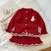 Vestido de punto con volantes para niña, estilo coreano, vestido suéter para bebé otoño/invierno, conjunto de cárdigan de conejo y falda para niños