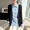 Novidades de outono: camisa feminina elegante e modeladora de manga longa com design falso de duas peças, apresentando uma estampa listrada patchwork jovem e estilosa