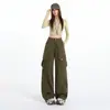Pantalones cargo de pierna ancha de diseño geométrico caqui estilo americano, nuevos, simples, retro, con bolsillos, pantalones casuales para mujer
