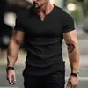 Camiseta Casual Deportiva de Manga Corta para Hombre, Ajuste Delgado, Europea y Americana Transfronteriza, Tejido de Comercio Exterior, Camisa Henley de Botones Color Sólido Estilo Americano