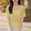 Camiseta de Punto Jacquard Redonda de Manga Corta Estilo Francés Elegante para Mujer, Nuevo Modelo 2026, Cómoda, Transpirable, Adelgazante y Elegante
