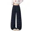 Calça Larga Casual Retrô Americana de Cintura Alta com Caimento, Xadrez Grosso Reta Longa para Mulheres, Outono e Inverno, Atacado de Peça Única