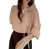 Camisa elegante e delicada estilo coreano com gola de laço diagonal, blusa pullover de cor sólida doce para primavera/outono 2026