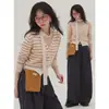 Cárdigan de punto a rayas de bloques de color retro estilo japonés, un suéter hermoso y dulce de manga larga para mujeres petite, perfecto para otoño